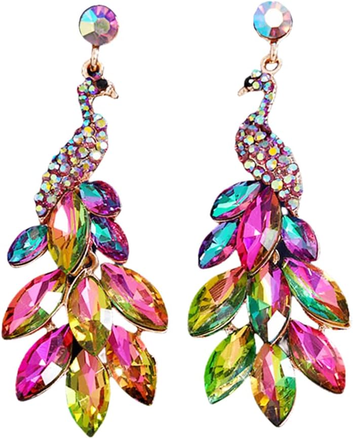 Dtja Vintage Peacock Dangle Earrings for Women 14K Gold Plated Green Crystal Feather Peafowl Statement Drop Dangling Stud Earring Boho Exaggerated Birthday Holiday Jewelry Gifts - Image 1